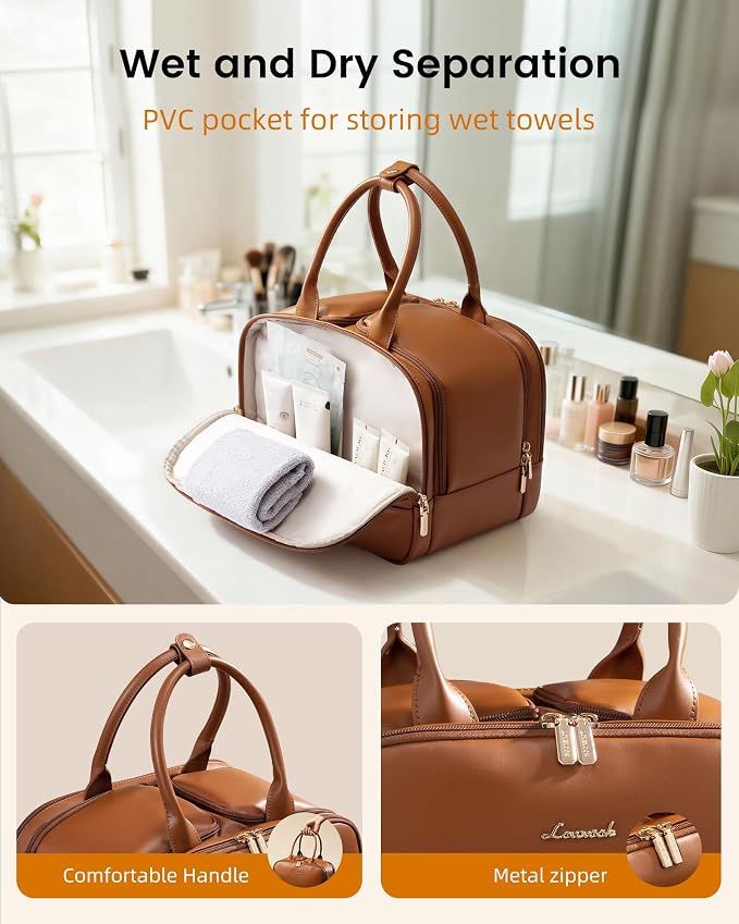 LOVEVOOK Travel Toiletry Bag for Women, Leather Large Wide-open Makeup Bag, Waterproof Cosmetic Bag Organizer for Shower, Traveling, Toiletries, Bathroom - Image 6