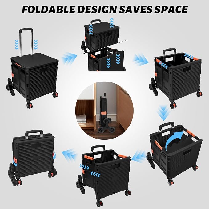 FELICON SELORSS Folding Utility Climber Cart Portable Rolling Crate-Black | Stair Climbing Wheels+360°Swivel Wheels,Telescoping Handle,Plastic Box Dolly for Travel Shop Move Laundry Office Teacher Use - Image 4