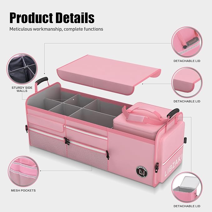 LIBZAKI Oversize 4 in 1 Car Trunk Storage Organizer, Multi Compartment Collapsible Trunk Storage Box with Cooler Bag for Car Truck SUV-Pink - Image 4