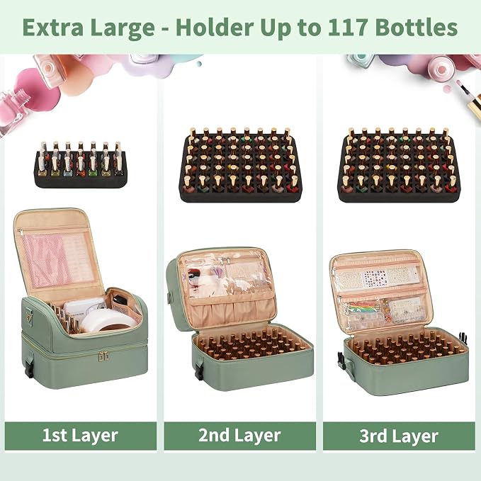Extra Large Nail Polish Organizer Holds 117 Bottles - Three Layer Nail Organizers And Storage Bag, Portable Nail Supplies Organizer Case, Nail Tech Kit Travel Carrying Box with Shoulder Strap - Image 3