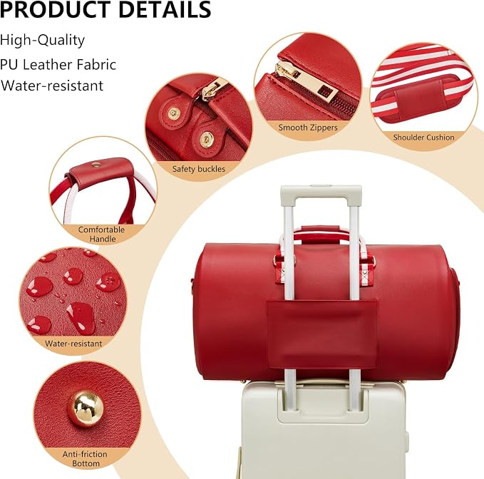 Leather Garment Bags for Travel, Convertible Carry on Garment Duffel Bag for Women, 2 in 1 Waterproof Foldable Travel Suit Bag with Shoulder Strap Weekender Bag with Shoe Pouch, Red - Image 5