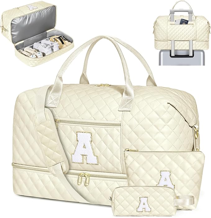Graduation Birthday Gift for Her, Personalized Initial Weekender Bag for Women 45L Travel Duffle Carry On Quilted, 3PCS Overnight with Cosmetic & Toiletry Bag, Shoe Compartment, Gym Dance Bag for Girl by ITIEZY