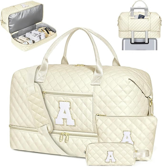Graduation Birthday Gift for Her, Personalized Initial Weekender Bag for Women 45L Travel Duffle Carry On Quilted, 3PCS Overnight with Cosmetic & Toiletry Bag, Shoe Compartment, Gym Dance Bag for Girl by ITIEZY