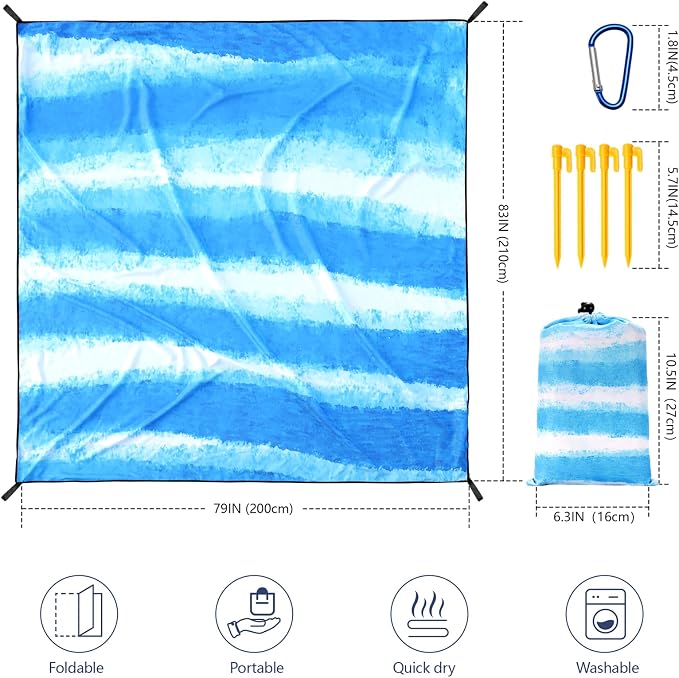 WIWIGO Beach Blanket Waterproof Sandproof Beach Mat 79" X 83"/10'x9'for 2-8 Adults Quick Drying Outdoor Picnic Mat Beach Accessories for Travel, Camping, Hiking - Image 2