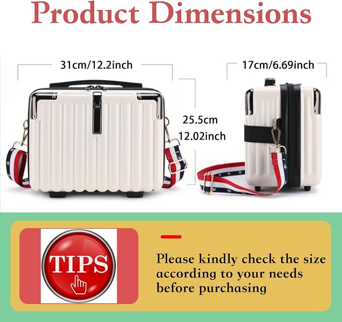 Mini Suitcase Hard Shell Makeup Case Stress-Resistant ABS Hard Makeup Travel Case Portable Hand Luggage with Shoulder Strap for Travel Camping Home Organizer White - Image 3