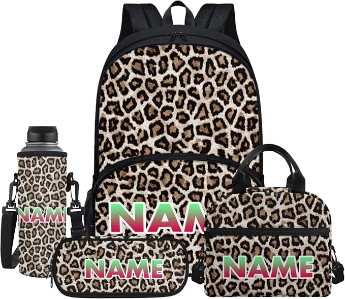 Cheetah Teenagers Backpack & Lunch Bag 4Set, Leopard Spots Daypack with Kids Pencil Water Bottle Carrier Bag, Brown Student Bookbags Pen Case by Jndtueit
