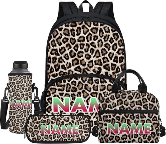 Cheetah Teenagers Backpack & Lunch Bag 4Set, Leopard Spots Daypack with Kids Pencil Water Bottle Carrier Bag, Brown Student Bookbags Pen Case by Jndtueit