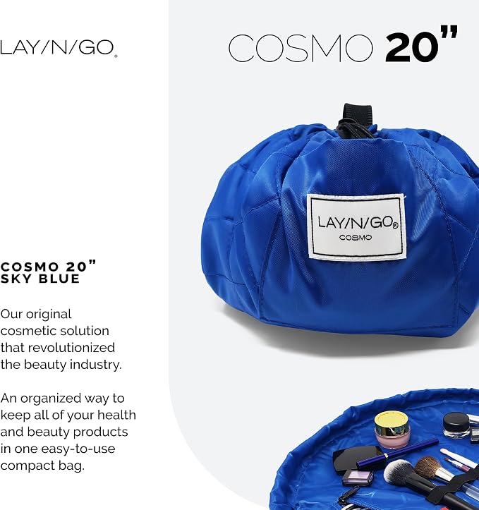 Lay-n-Go Cosmo Lay Flat Drawstring Cosmetic & Makeup Bag Organizer - Zipper Pocket, Brush Loops & Storage - Machine Washable, Toiletry Carrier for Travel, Cinch Closure, Gift (20", Sky Blue) - Image 3