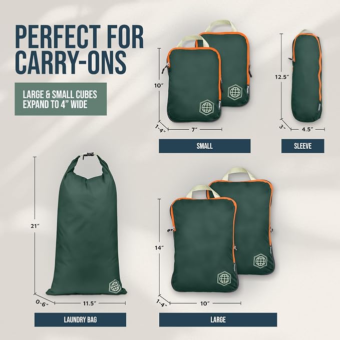 Compression Packing Cubes for Travel, 6-Piece Lightweight Packing Cubes Set for Carry-On Luggage & Backpacks – TRIPPED Travel Gear (Green and Orange) - Image 4