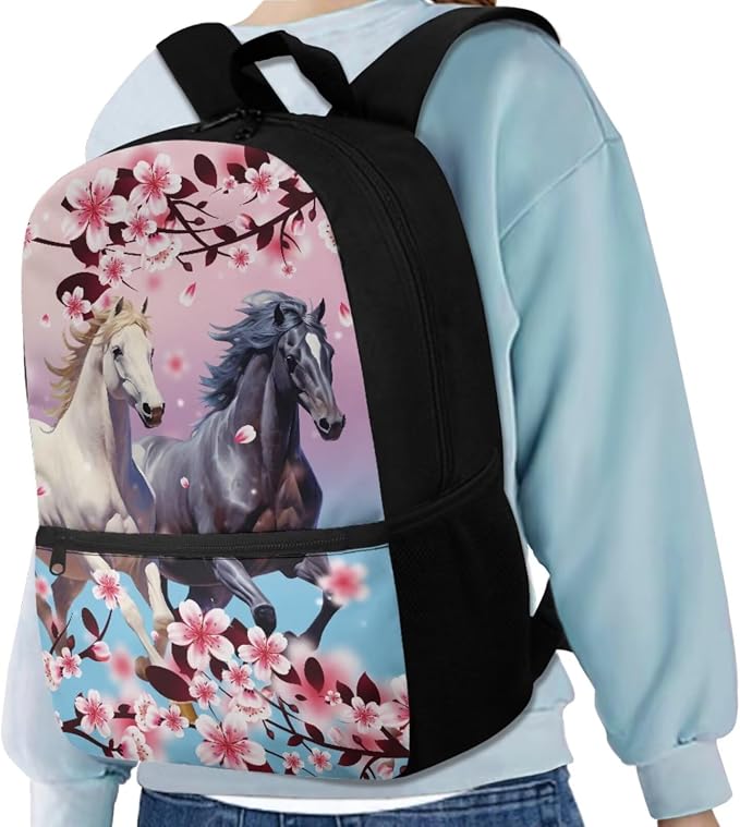 Cherry Blossom Horse Backpack for Girls Kids Backpack with Lunch Box Water Bottle Bag and Aesthetic Pencil Case 4PCS Set Bookbag with Front Pocket for School Teens 17 inch Sturdy School Bag - Image 2