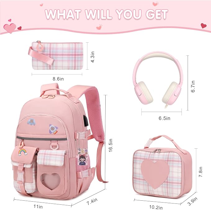 ACESAK Backpack for Girls with Headphones - Girls Backpack with Lunch Box, Pencil Case & Kids Headset - 3.5mm Wired Headphones for School Bookbag Schoolbag Set Back To School Gift (Pink) - Image 2