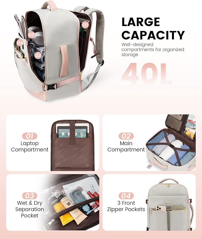 LOVEVOOK Carry On Backpack, 40L Travel Backpack Women with 3 Packing Cubes, TSA Airline Approved Suitcase Bag as Personal Item, Waterproof 17 inch Laptop Backpack for Weekender Overnight,Grey Pink - Image 2