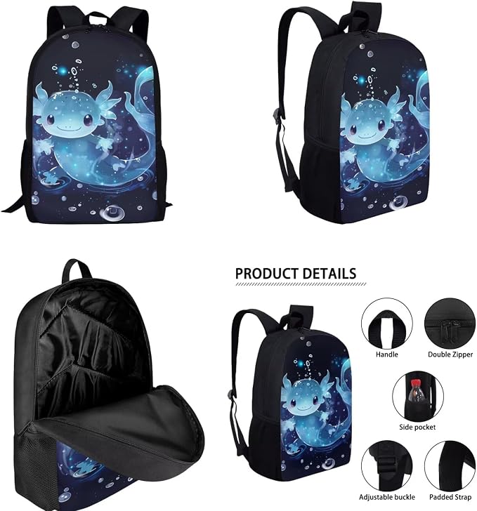 Personalized Blue Axolotl Backpack for School Girls 3rd Grade Preppy with Lunch Box Set 4 in 1 Elementary Custom Bookbag Lunchbox Pencil Case Water Bottle Holder 17in Back Pack Book Bags - Image 2
