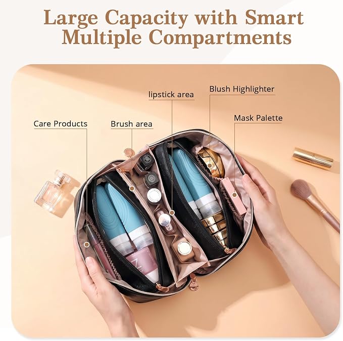 Travel Makeup Bag for Women: 3-in-1 Large Capacity Cosmetics Organizer with 2 Detachable Pouch - Vegan Leather Flat Open Toiletry Bag - Portable Travel Essentials for Full-Sized Bottles-Black - Image 3