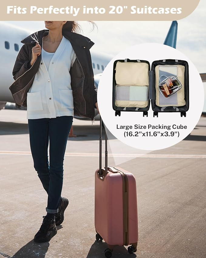 Gonex 8 Set Expandable Mesh Packing Cubes for Travel Essentials, Compression Organizer with Toiletry, Laundry, Shoe, Cable Bags - Beige - Image 2