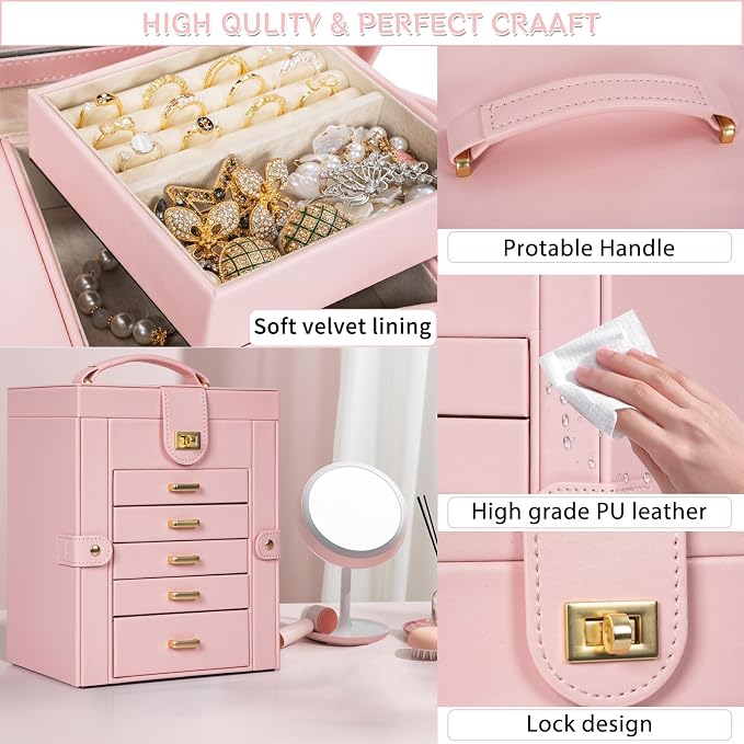 AKOZLIN 6-Tier Jewelry Box Organizer Functional 5 Drawers Leather Jewelry Storage Case for Women Girls Ring Necklace Earring Bracelet Holder Organizer with Mirror Light Pink Regular - Image 3