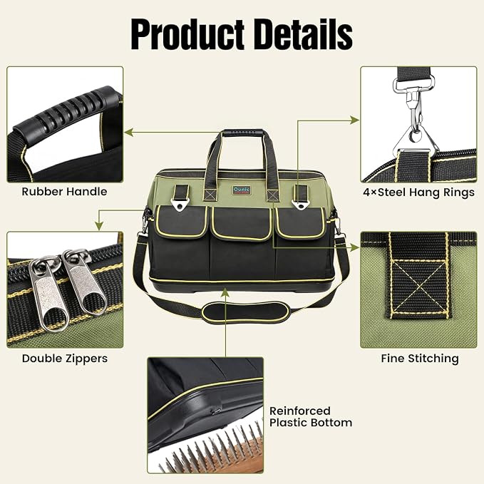 Tool Bag, Ounic 16 Inch BigTool Tote Bag Heavy Duty With Waterproof Molded Base, Wide Mouth Tool Box Organizer with Adjustable Shoulder Strap for Electrician Mechanic Craftsman Plumbers(Green) - Image 4
