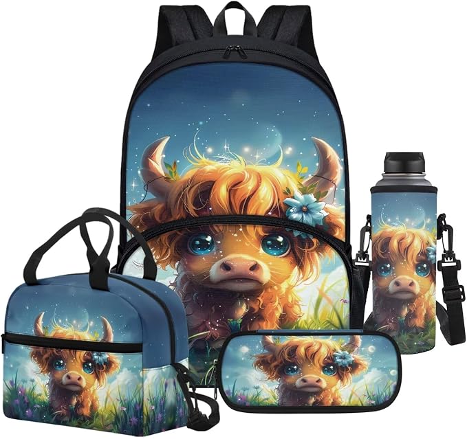 4pcs Highland Cow Backpack for Boys 8-12,Cute Highland Cow School Bag with Lunch Bag Pencil Case Water Bottle Holders Crossbody BagsElementary School Bookbag Child Travel Bag Causal Daypack by FUIBENG