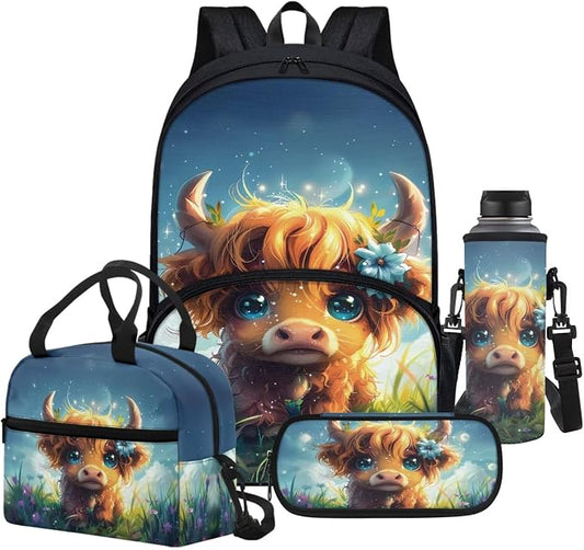 4pcs Highland Cow Backpack for Boys 8-12,Cute Highland Cow School Bag with Lunch Bag Pencil Case Water Bottle Holders Crossbody BagsElementary School Bookbag Child Travel Bag Causal Daypack by FUIBENG