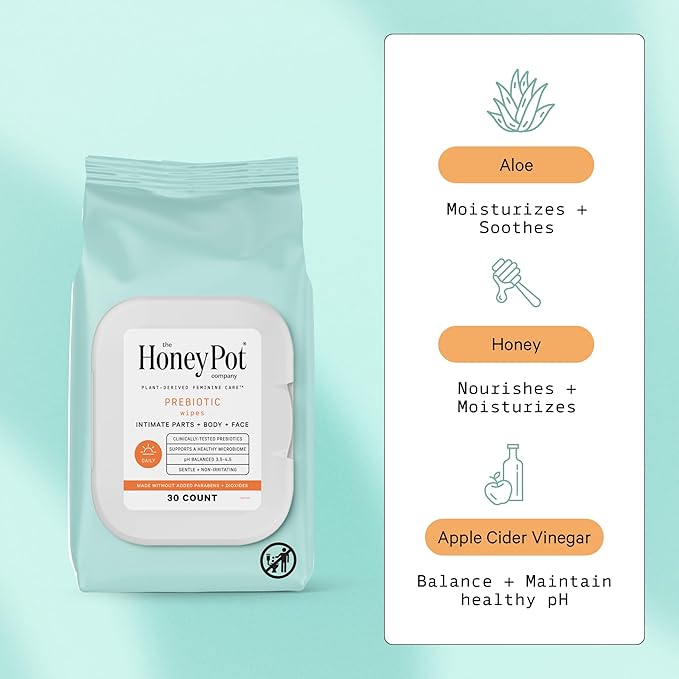 The Honey Pot Company - Prebiotic Feminine Wipes - Daily PH Balancing, Fragrance & Sulfate Free Wipes for Intimate Parts, Body, or Face - Hygiene Products - 30 ct.