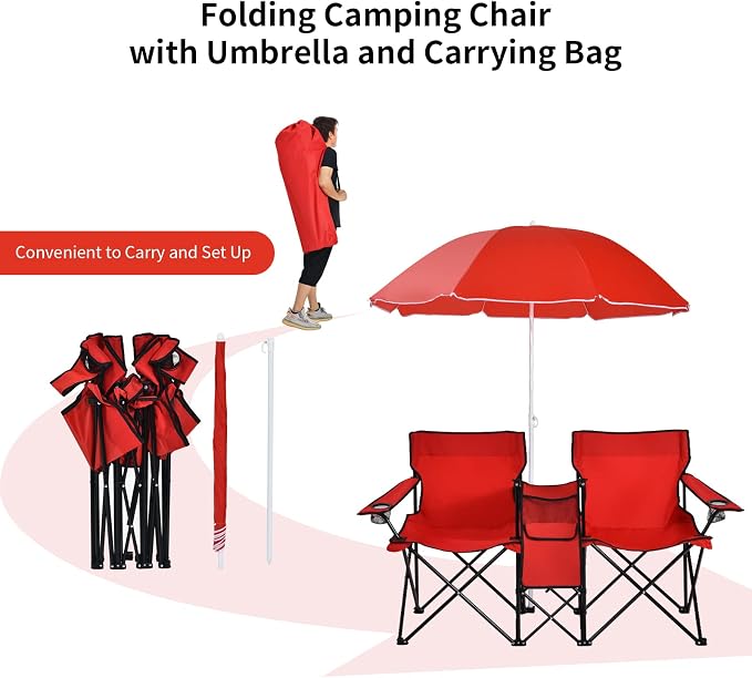 Goplus Double Camping Chair with Umbrella, Folding Loveseat Chairs w/Canopy Shade, Carrying Bag, Table, Cup Holder, Portable Beach Chairs Outdoor Picnic Patio (Red) - Image 6