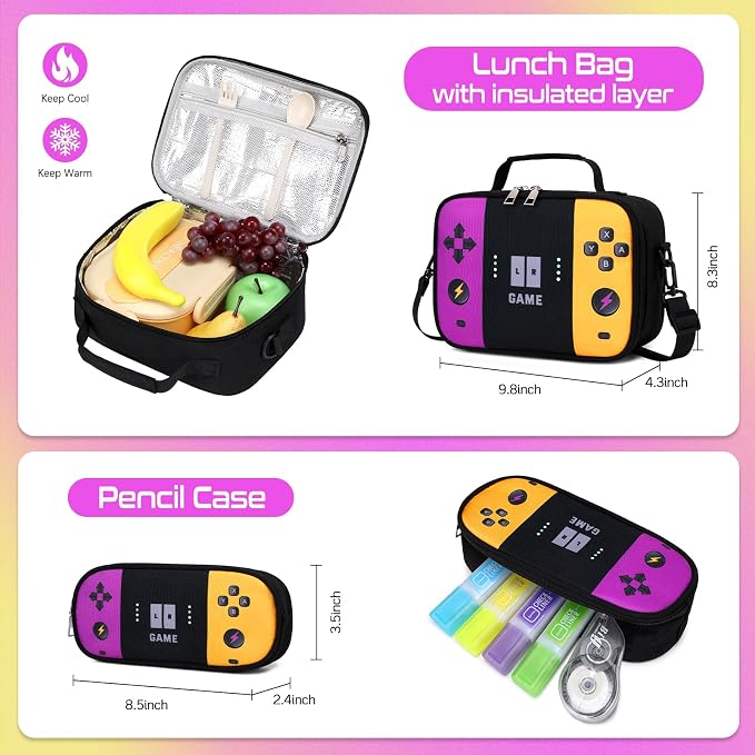 Gamer Backpack for Boys , 3PCS Boys Backpack with Lunch Box & Pencil Pouch, Waterproof School Bags for Boy Kids Children Teens, Elementary Middle School, Kids Book Bag Casual Daypack (Pueple Yellow) - Image 6