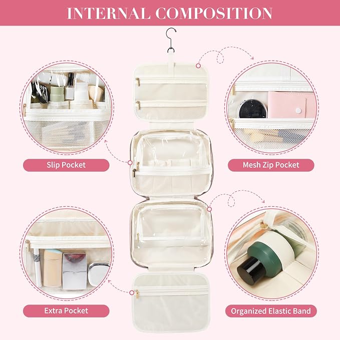 MDODO Travel Toiletry Bag for Women Hanging Cosmetic Organizer with Brush Compartment Makeup Bag for Full Sized Travel Essentials, Pinkish Purple - Image 5