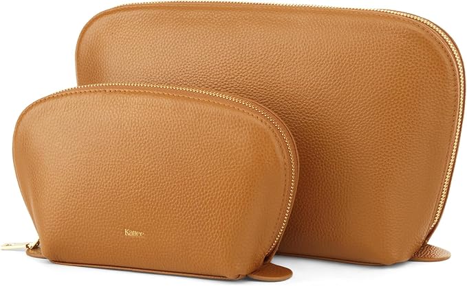 Kattee Leather Makeup Bag, Travel Cosmetic Bag Set, Toiletry Bag Organizer for Women, 2-PACK, Brown by Kattee