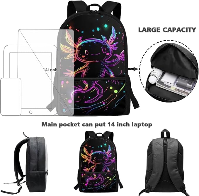 Axolotl Backpack for Boys 6-8 with Lunchbox Water Bottle Holder Pencil Case Graphic School Backpack and Lunch Box Set 17 Inch Bookbag for 3rd Grade Lunchbag, 4 Piece - Image 4