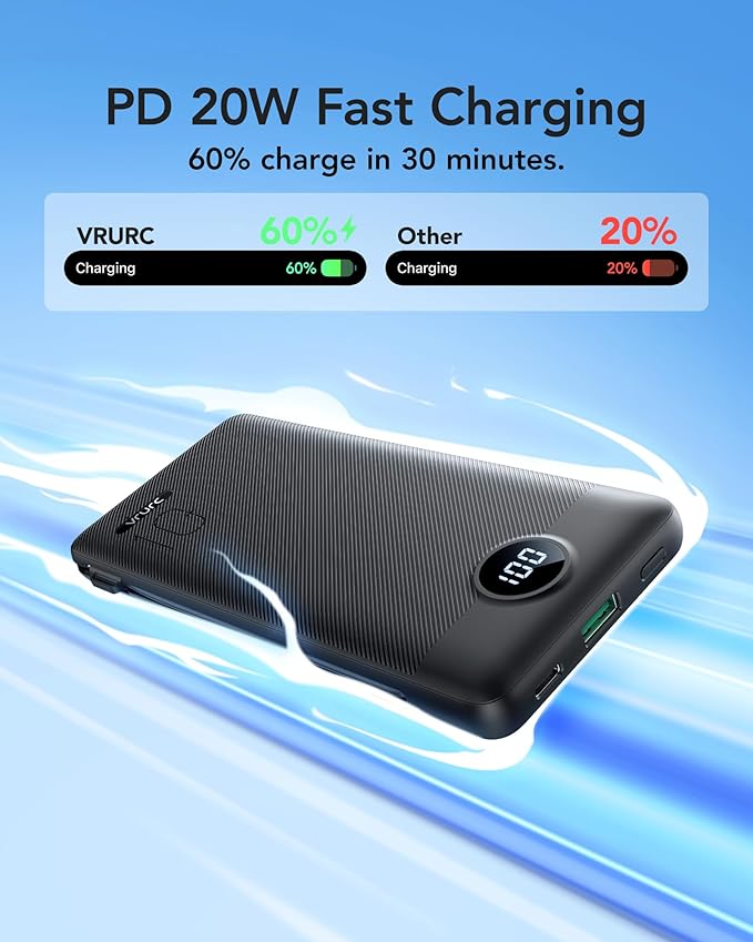 VRURC Portable Charger with Wall Plug, 10000mAh Slim Portable Charger Built in Cables,PD 20W Fast Charging Power Bank with Cords,USB C Portable Phone Charger Travel Accessories -Black(1 Pack)