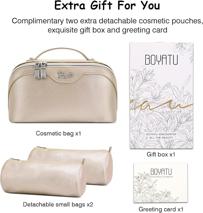 BOYATU Travel Makeup Bag Organizer Cosmetic Bag: 3 Pcs Set Make up Bags for Women with Handle - Waterproof Vegan Leather Toiletry Bags Travel Essentials Pouch with Compartments (C-07-Gold) - Image 6