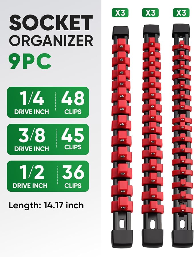 ALOANES 9PC Socket Organizer, Socket Rails Fit 1/2", 1/4" and 3/8" Drive | Heavy Duty ABS Socket Holders Hold up 129 Sockets for Toolbox Drawer Bags(Red) - Image 2