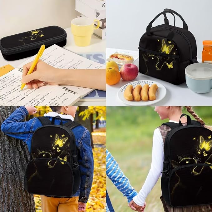 Black Cat Yellow Bling Butterfly Student Backpack Set 4 In 1 School Bag Laptop Backpacks Lunch Bag Pencil Holder Pouch Bag Daypack for Preschool Kindergarten Elementary Middle School - Image 4