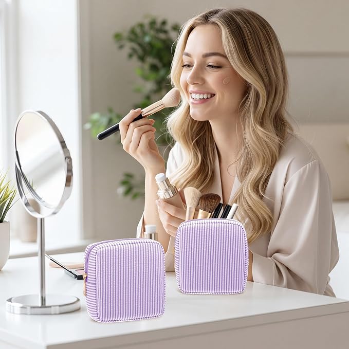 Sanwuta 6 Seersucker Cosmetic Bag Bulk Striped Makeup Bag for Women Aesthetic Cute Travel Toiletry Organizer Preppy Storage Pouch for Wedding Bridesmaid Mother's Day Teacher Gift (Small,Purple) - Image 6