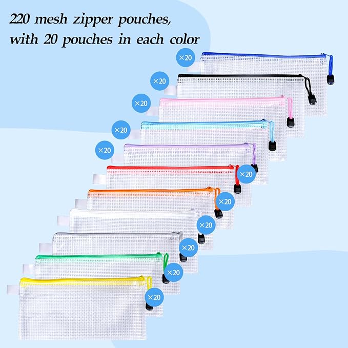 220 Pack A6 Mesh Zipper Pouch Bags 11 Colors 9.4 x 4.5 Inch Pencil Pouches Bulk Small Mesh Bags with Zipper Waterproof Zipper File Bags for Travel Puzzles School Office Supplies Organization - Image 4