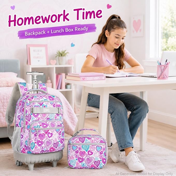 3pcs Rolling Backpack for Girls, 19 Inche Adult Bag with Roller Wheels, Wheeled Bookbag Set for Women - PinkGrey - Image 6