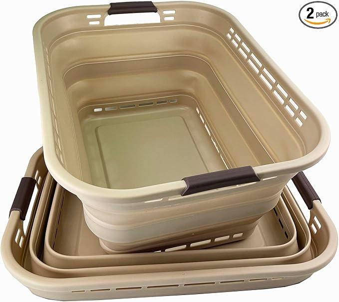 SAMMART 42L (11 gallons) Collapsible Plastic Laundry Basket - Portable Pop Up Storage Container/Organizer - Portable Hamper - Space Saving Easy Storage (Apricot/Brown (Set of 2)) by SAMMART