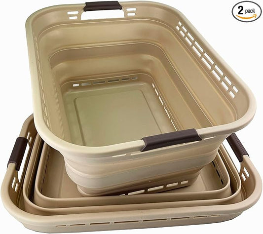 SAMMART 42L (11 gallons) Collapsible Plastic Laundry Basket - Portable Pop Up Storage Container/Organizer - Portable Hamper - Space Saving Easy Storage (Apricot/Brown (Set of 2)) by SAMMART