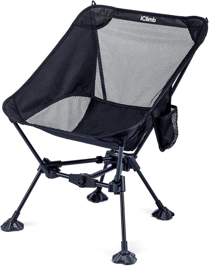 iClimb Ultralight Compact Camping Folding Beach Chair with Anti-Sinking Large Feet and Back Support Webbing (Black - Triangular Frame) by iClimb