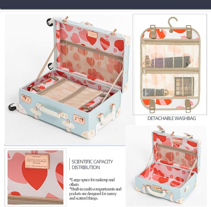 COTRUNKAGE Vintage Designer Luggage Set, Women's Cute Blue Carry On Luggage 22x13x7.5 Airline Approved, 13" Mini Makeup Organizer Case with Lock, Sky Blue - Image 5
