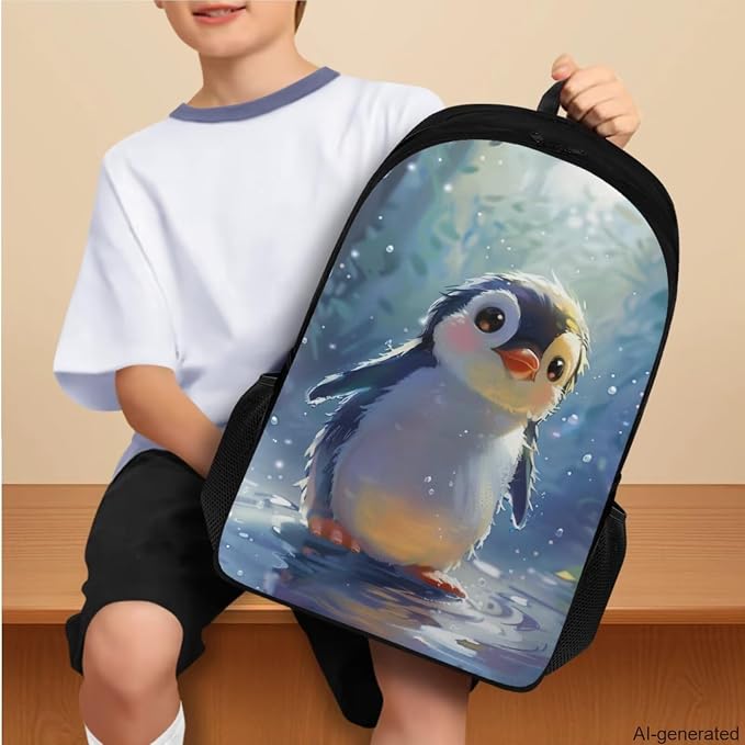 Penguin Backpack for Girls Kids Backpack with Lunch Box Water Bottle Holder with Strap and Kawaii Pencil Case 4PCS Set Cute Bookbag with Compartments 17 inch Large Capacity School Bag for Boys - Image 3