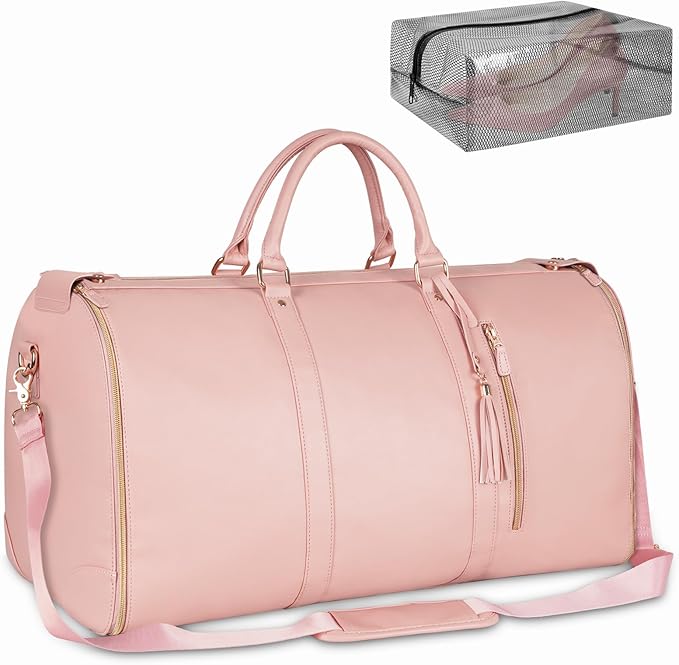 Ytonet Garment Duffle Bags for Travel, Convertible Carry On Garment Bag for Women, Large PU Leather Foldable Travel Bag with Shoe Pouch, 2 in 1 Hanging Suitcase Dress Suit Travel Bags, Pink by YTONET