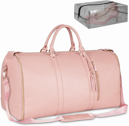 Ytonet Garment Duffle Bags for Travel, Convertible Carry On Garment Bag for Women, Large PU Leather Foldable Travel Bag with Shoe Pouch, 2 in 1 Hanging Suitcase Dress Suit Travel Bags, Pink by YTONET