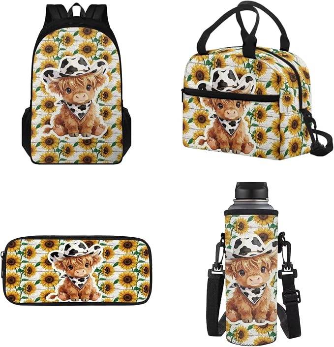 Highland Cow Sunflower Backpack Set for Girls, Kids Casual School Bags Daypack Book Bag Set with Insulated Lunch Bag Pencil Pouch Water Bottle Bag 4 Pcs Set by Tomeusey