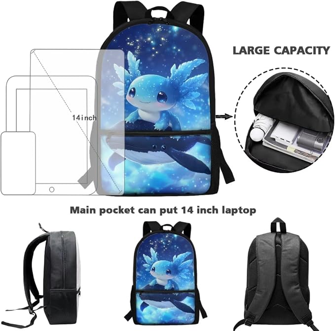 Killer Whale Axolotl Backpack with Lunchbox Blue School Bag 17 Inch Primary Students School Backpack and Pencil Case and Water Bottle Holder 4-in-1 Travel Camping Hiking Rucksack - Image 4