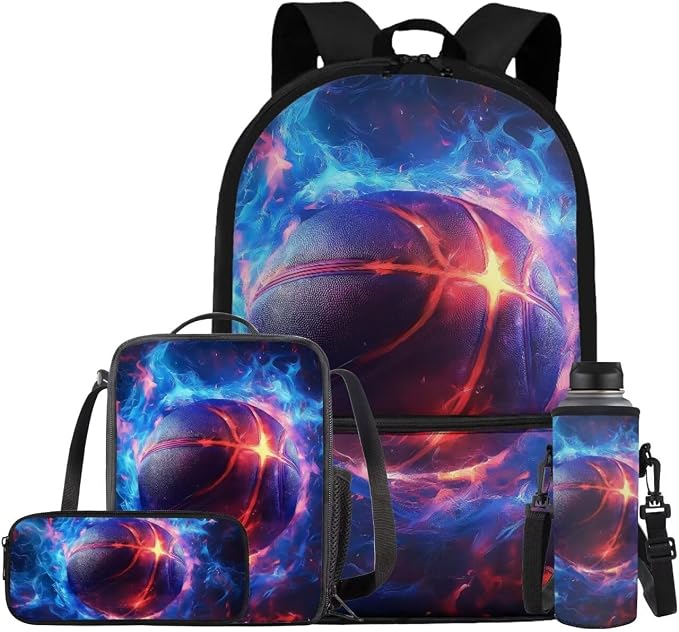 Fire Basketball Backpack for School Boys Backpack with Lunch Box Water Bottle Carrier with Strap and Soft Pencil Case 4PCS Set Bookbag with Front Pocket 17 inch Sturdy School Bag for Kids by ELEDIZI