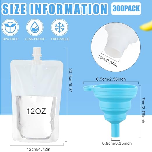Patelai 300 Pieces Plastic Liquid Pouch Reusable Juice Pouches Travel Water Leak Proof Bags Bulk with Collapsible Silicone Funnel for Travel Outdoor (12 oz) - Image 4