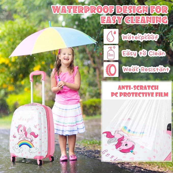 HONEY JOY 2 Pcs Kids Carry On Luggage, 12" School Backpack & 16" Rolling Suitcase, Waterproof Hard Shell Travel Case with Spinner Wheels, Gift for Boys Girls Overnight Travel, Pink Unicorn - Image 5