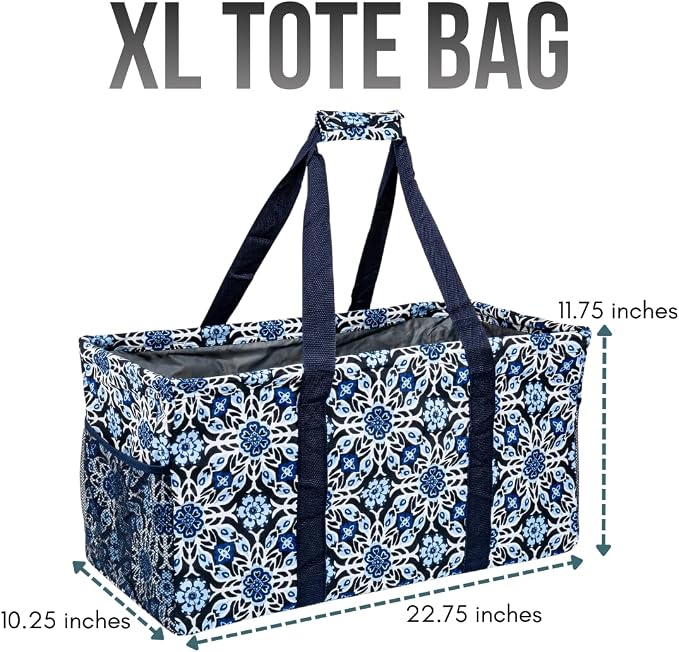 Extra Large Utility Tote Bag - Oversized Collapsible Reusable Wire Frame Rectangular Canvas Basket With Two Exterior Pockets For Beach, Pool, Laundry, Car Trunk, Storage - Blue Snowflake - Image 4