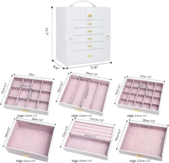 AKOZLIN 6-Tier Jewelry Box Organizer Functional 5 Drawers Leather Jewelry Storage Case for Women Girls Ring Necklace Earring Bracelet Holder Organizer with Mirror Extra Large White - Image 3